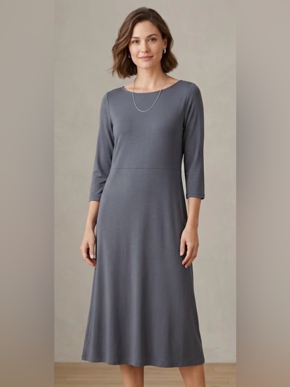 Eileen Fisher Stretch Jersey Grey Three-Quarter Sleeve A-Line Dress Sz Medium P